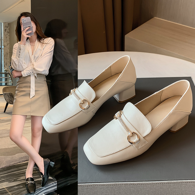 Head layer leather square leisure high heel women 2021 new thick with spring and autumn women fashion single shoes one generation