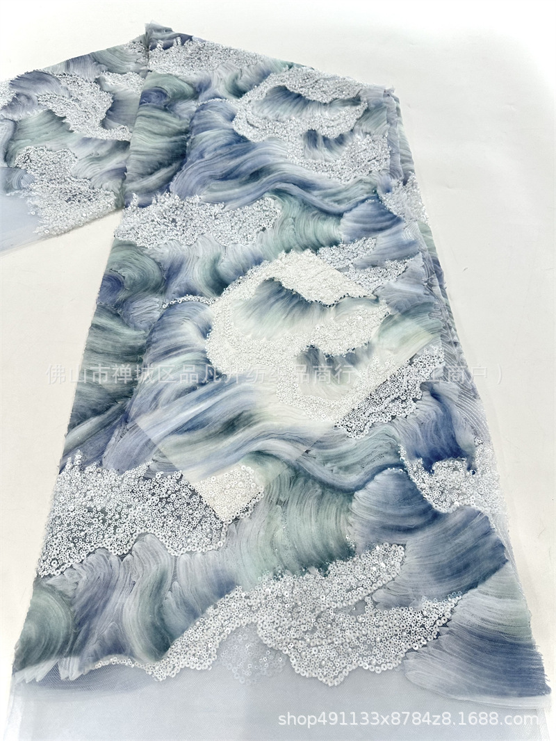 Nueva tela de bordado de tinta de onda tridimensional, vestido de boda, tela de tubo de perlas, ropa de noche de lujo ligera europea y americana image 12