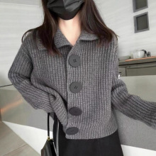 针织开衫女秋装2025年新款长袖宽松韩版时尚大扣翻领短款毛衣外套