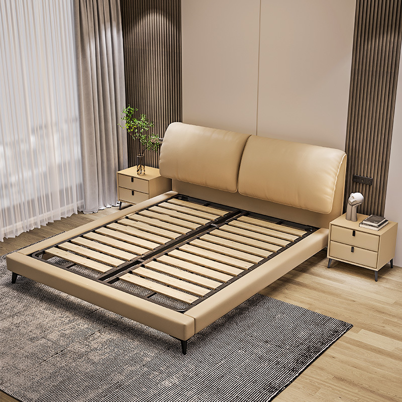 Cama de cuero genuino con cabecero de elefante de estilo minimalista italiano, cama doble moderna y sencilla de estilo crema, cama de matrimonio de lujo ligero, nuevo modelo para dormitorio principal.