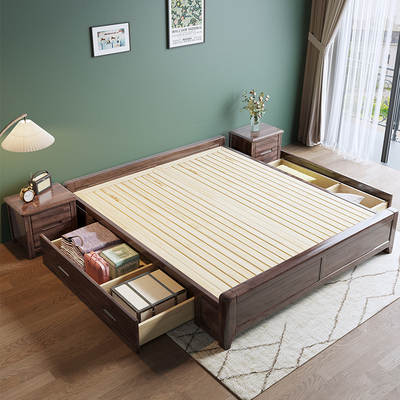 Walnut Tatami Bed Storage Bed Floor-Standing 1.35 m Solid Wood Small Bed 1.2 Frame Bed No Bedside Bed Master Bedroom