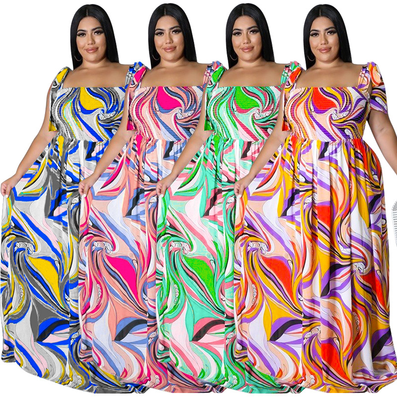Dameskleding: Maxi-jurk met bandjes, geplooide buste en oversized strikprint, zwierige A-lijn zomerjurk_voghion.com