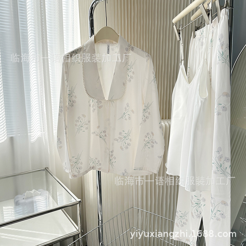 New Imitation Silk Popcorn Pearl Collar Three-piece Ice Silk Pajamas Women's Thin French Lapel Women's Home Clothes