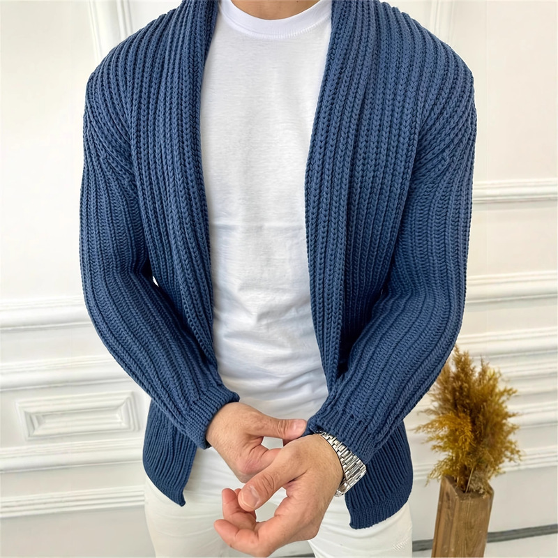 Men's Deep Sea Blue Thick Knitted Cardigan, Classic Buttonless Open Design, Rough Texture and Super Texture Men's Deep Sea Blue Thick Knitted Cardigan, Classic Buttonless Open Design, Rough Texture and Super Texture