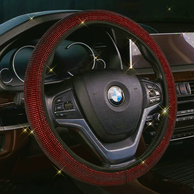 Rhinestone elastic no inner ring car Steering wheel cover - red-34cm-39cm