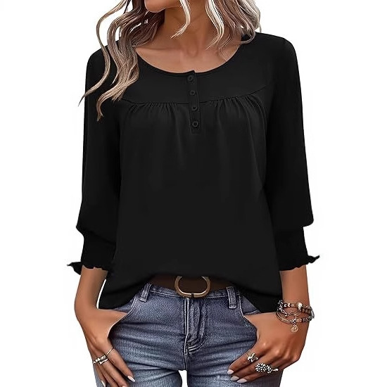 3/4 Long Sleeve Ladies Tops 2025 Fashion Summer Ladies Tops Round Neck Casual Loose Pleated Tops