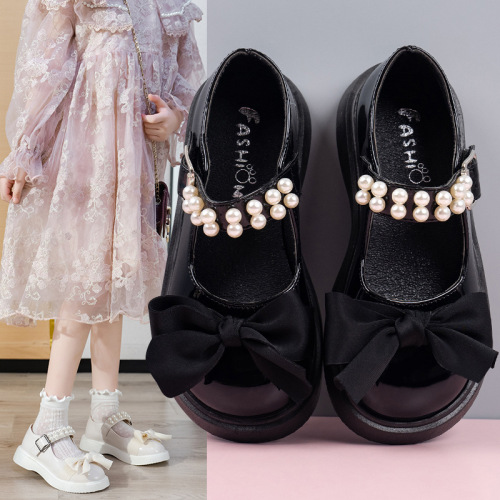 Girls Leather Shoes 2024 New Autumn Children's Soft Sole Princess Shoes Bow Black Girls Baby Performance Shoes