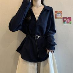 大码韩系秋季新款V领正肩长袖衬衫女胖mm宽松显瘦遮肉假两件上衣