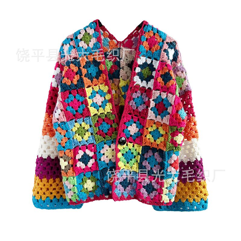 Fully Handmade Crochet Bohemian Export Original Single European and American Style Casual Grandmother's Knitted Knitwear Jacket Cardigan