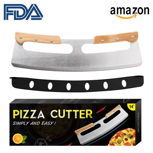 Upgraded double handle pizza knife, wooden handle semi-circle pizza rock knife, stainless steel pizza cutter, new protective cover