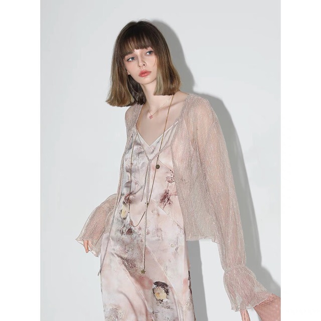 New 2025 Summer Iridescent Fine Glitter Silver Pleated See-Through Cardigan Stylish Casual Summer Sun Protection Knit Top for Women