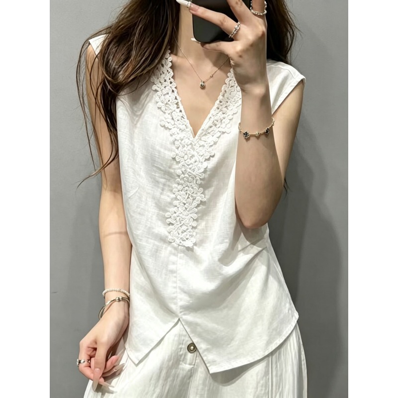 Summer Gentle Breeze 100% Linen Lace V-Neck Side Pleated Slimming Breathable Skin-Friendly Sleeveless T-Shirt for Women