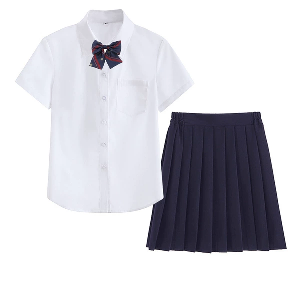 Female white short sleeves + navy blue skirt + dark blue crown tie