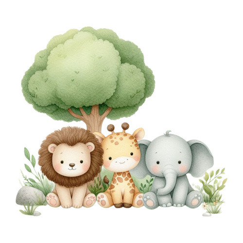 Illustrated Animal Sticker Living Room Entrance Home Decor Self-adhesive Cute Lion Elephant Wallpaper