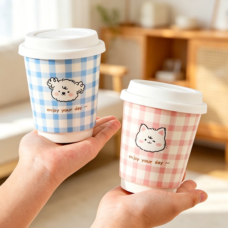 Checkered Animal Cup with Lid, Couple's Cup, Cute Cartoon Drinking Cup, Simple Cup, Household Ceramic Water Cup, Souvenir Gift