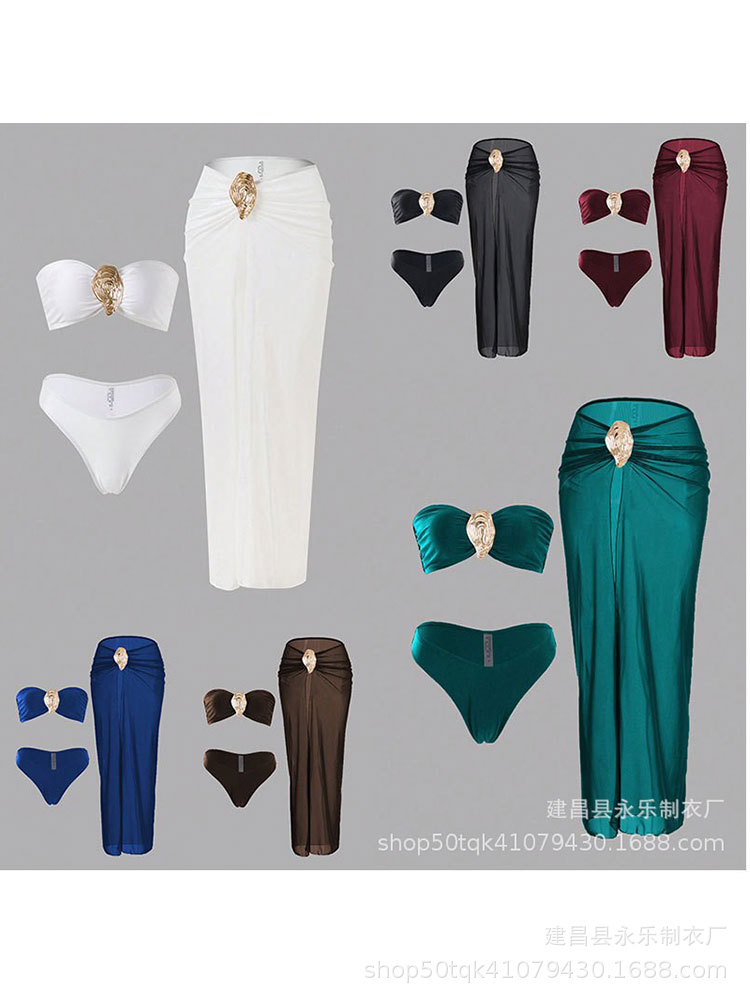 Nuevo traje de baño de bikini dividido con top de tubo de chica sexy, falda larga de mujer, traje de baño transfronterizo europeo y americano de tres piezas con horquilla alta