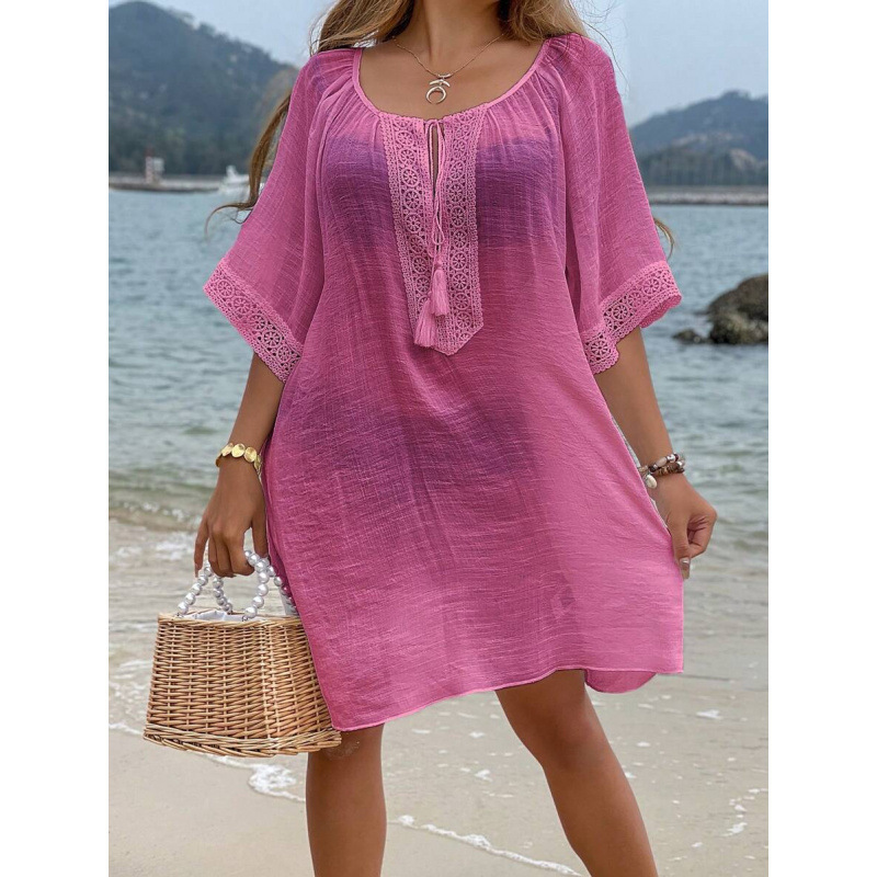 2025 comercio exterior mujeres Beachwear damas verano con bordas encaje de contraste