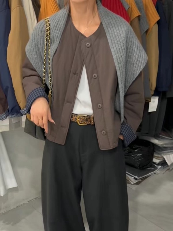慵懒风秋季新款圆领宽松显瘦棉服外套女时尚休闲百搭拼接夹克上衣|undefined