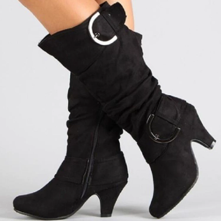 Женские плиссированные сапоги до колена с пряжкой, новинка 2022 года, осенне-зимние замшевые сапоги удобного дизайна на высоком каблуке, женские сапоги больших размеров