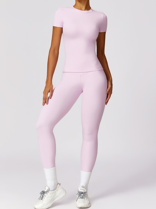 起毛ヨガ服セットハイウエストタイトヨガフィットネス服ランニングスポーツ女性の半袖ズボンセット 8455|undefined