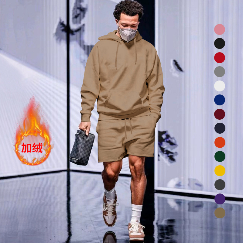 Comercio exterior transfronterizo 2023 Amazon Hombres otoño nuevos hombres forrados de lana suéter con capucha pantalones cortos traje casual