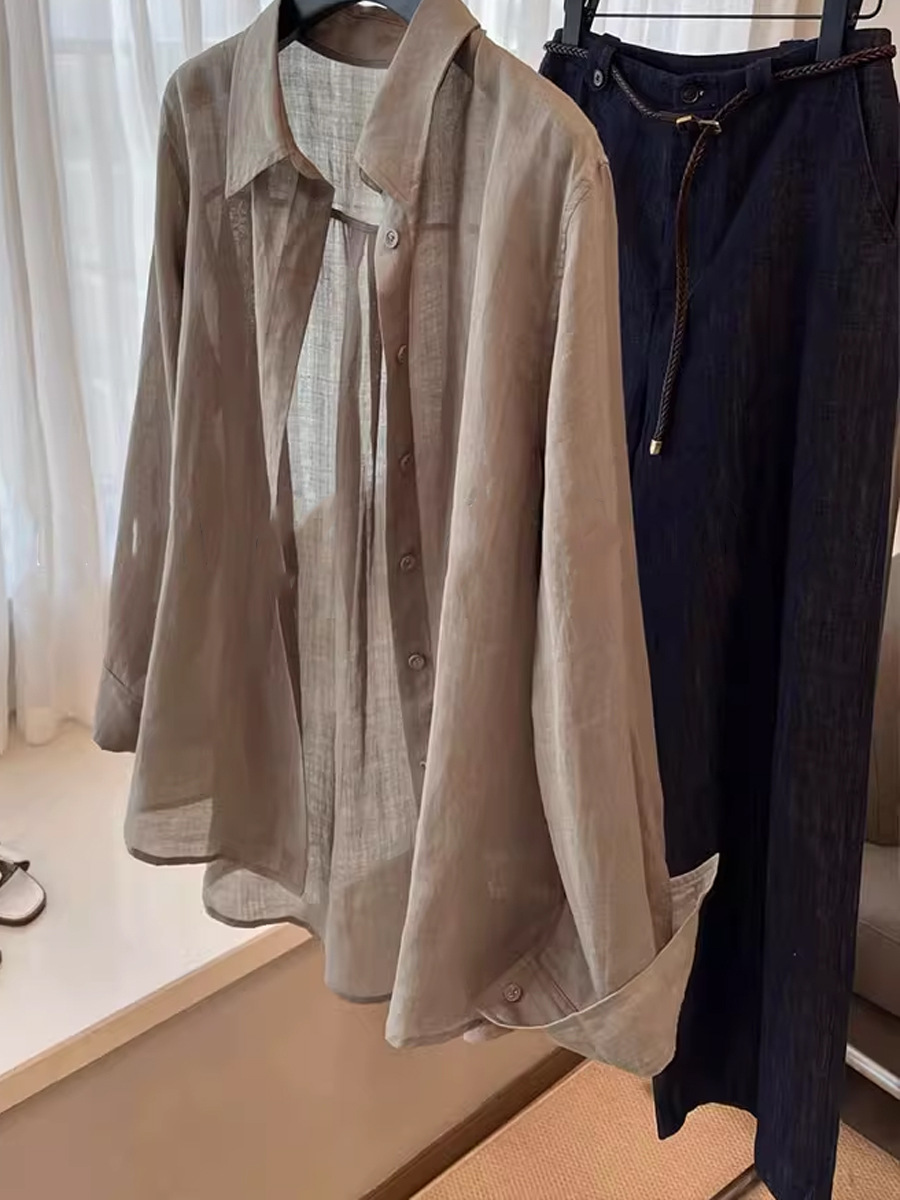 Áo sơ mi linen nữ phong cách cổ điển thiết kế rộng rãi chống nắng mùa hè — Màu cà phê khói
