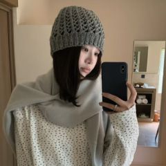 早秋韩系镂空编织粗毛线包头帽子羊毛混纺百搭显脸小针织毛线冷帽