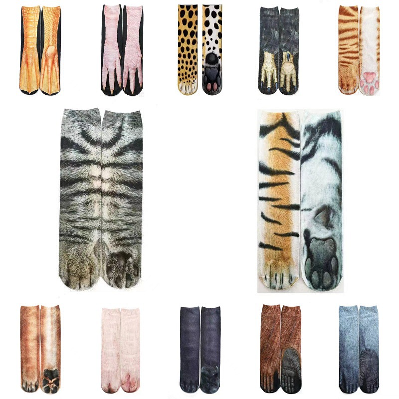 3D Animal Paws Mid-Calf Socks Heat Transfer Animal Cartoon Printed Socks Funny Creative Foothoes Adult Cat and Dog Paws