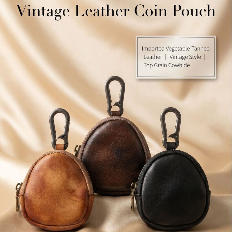 First-layer cowhide storage bag for collectible walnuts, coin purse, headphone case, key holder, pleated, handmade, vintage, with zipper, genuine leather First-layer cowhide storage bag for collectible walnuts, coin purse, headphone case, key holder, pleated, handmade, vintage, with zipper, genuine leather