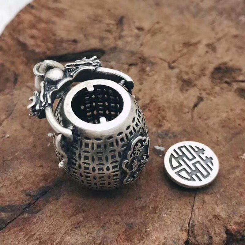 s925純銀男女個性吉祥如意貔貅鏤空復古喜字可打開弔墜裝香料