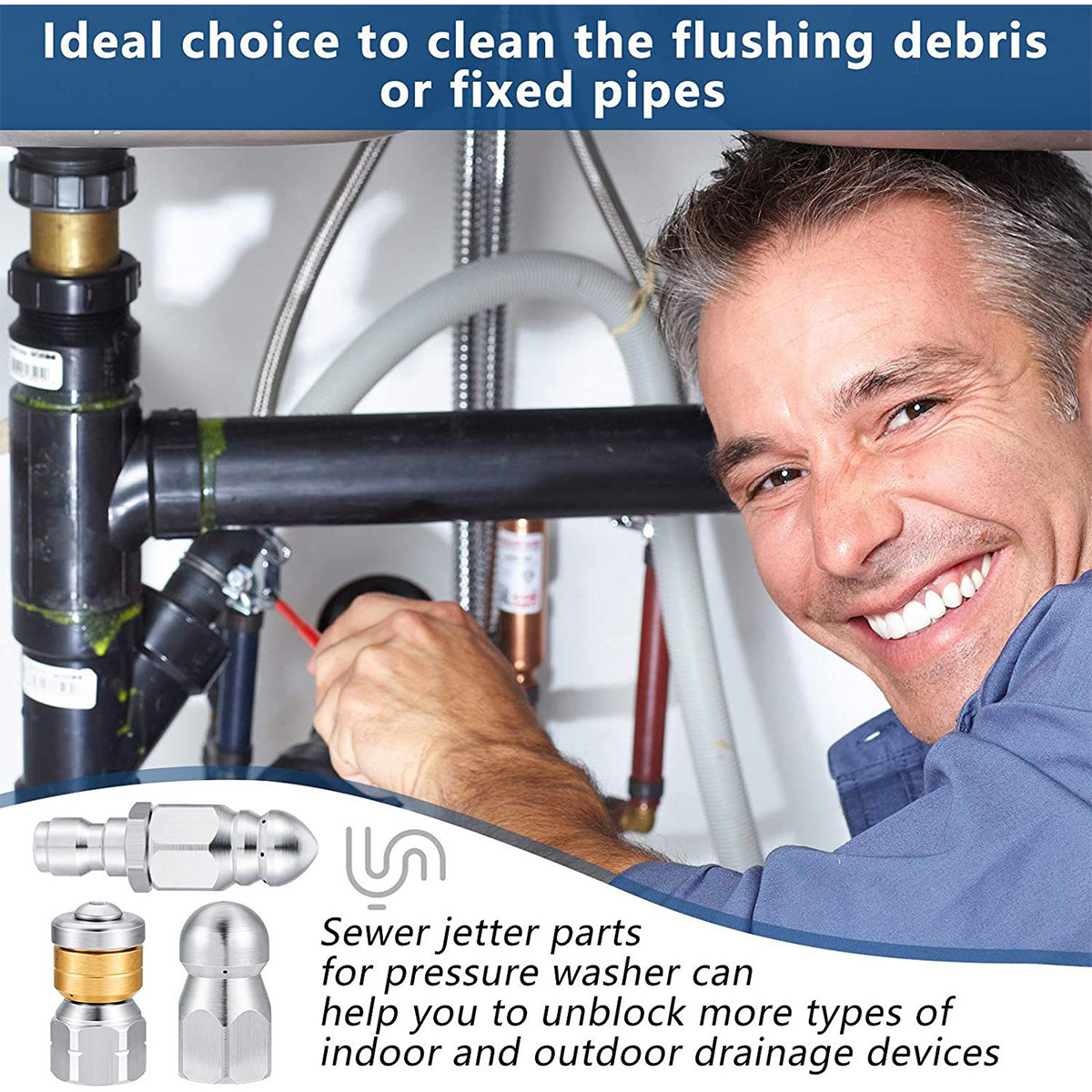 3pcs不锈钢下水道喷头喷嘴套装 1/4寸5000PSI清洗机快速连接喷头