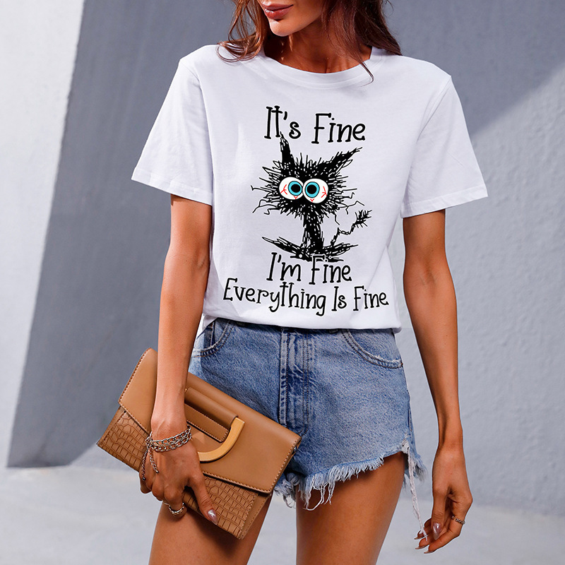 2024 Spring and Summer New Short-sleeved Black Cat Print Round Neck T-shirt Amazon Pullover Casual Short-sleeved Women's Top