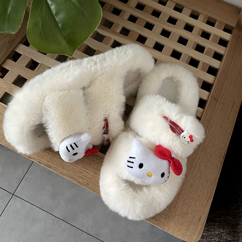 Pequeño libro rojo empuje caliente ~ todo partido de dibujos animados lindo gato de suela gruesa zapatillas peludas de las mujeres de otoño e invierno cómodas zapatillas de algodón al aire libre