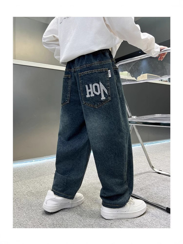 男の子用パンツ 春物ジーンズ 子供用秋物カジュアルパンツ 2025年トレンド 大きな子供向け韓国風長ズボン レタープリント|undefined