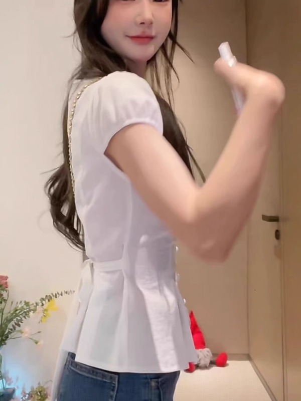 フレンチレースVネック半袖白シャツレディース夏韓国シックシャツスリムフィットトップ|undefined