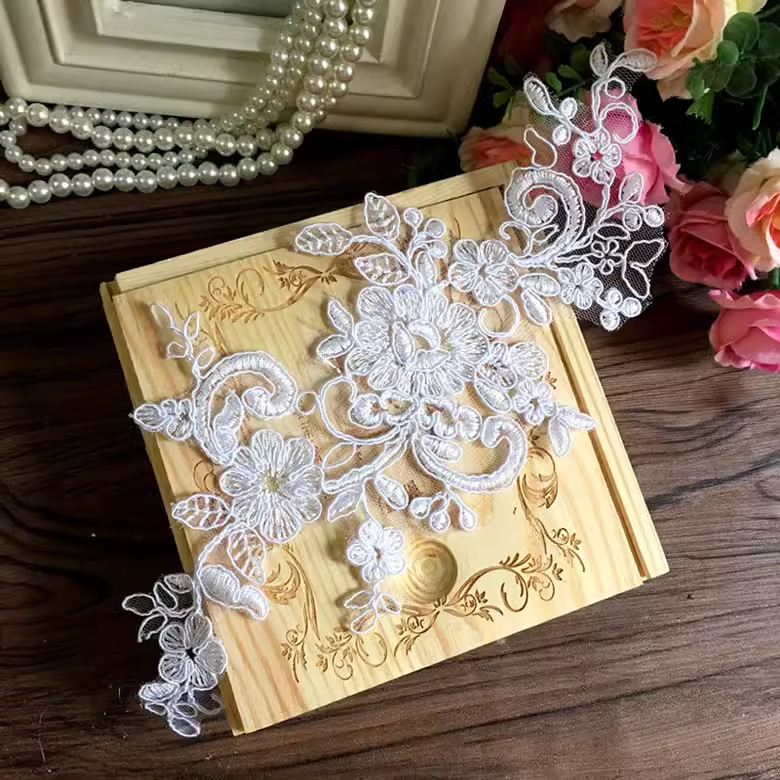 纯漂白黑色车骨蕾丝花边花朵花贴对花婚纱服装DIY花边辅料