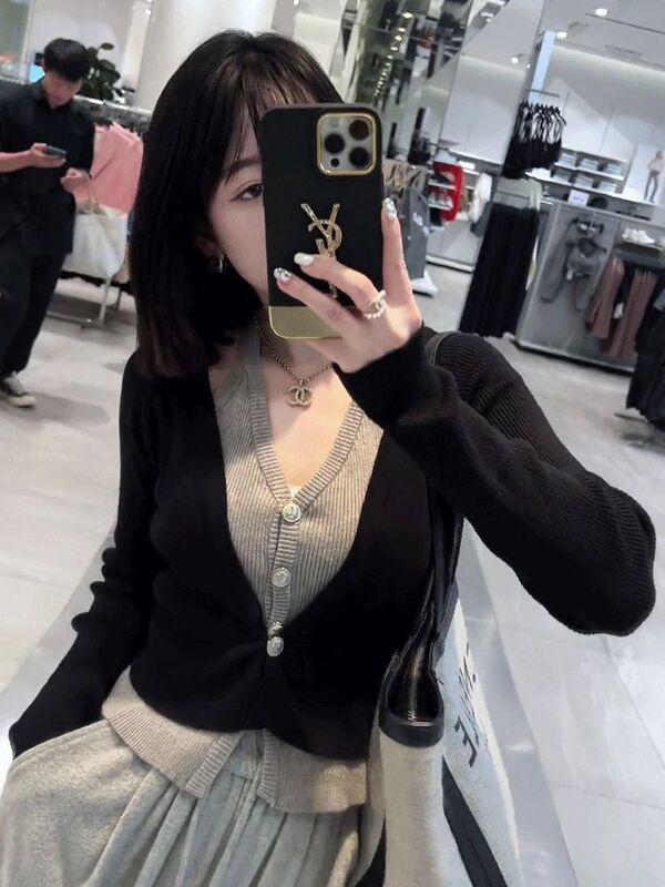 韩系独特别致假两件拼接毛衣女短款春秋内搭修身设计感针织打底衫|undefined