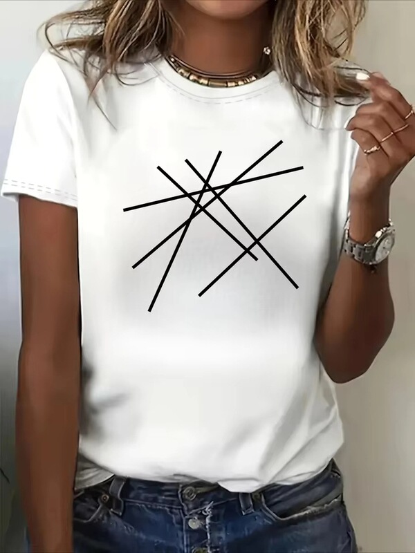 Whimsical Graffiti Print T-Shirt with Crew Neck, Short Sleeves, Casual Style, Fashionable Knit Fabric Top for All Seasons