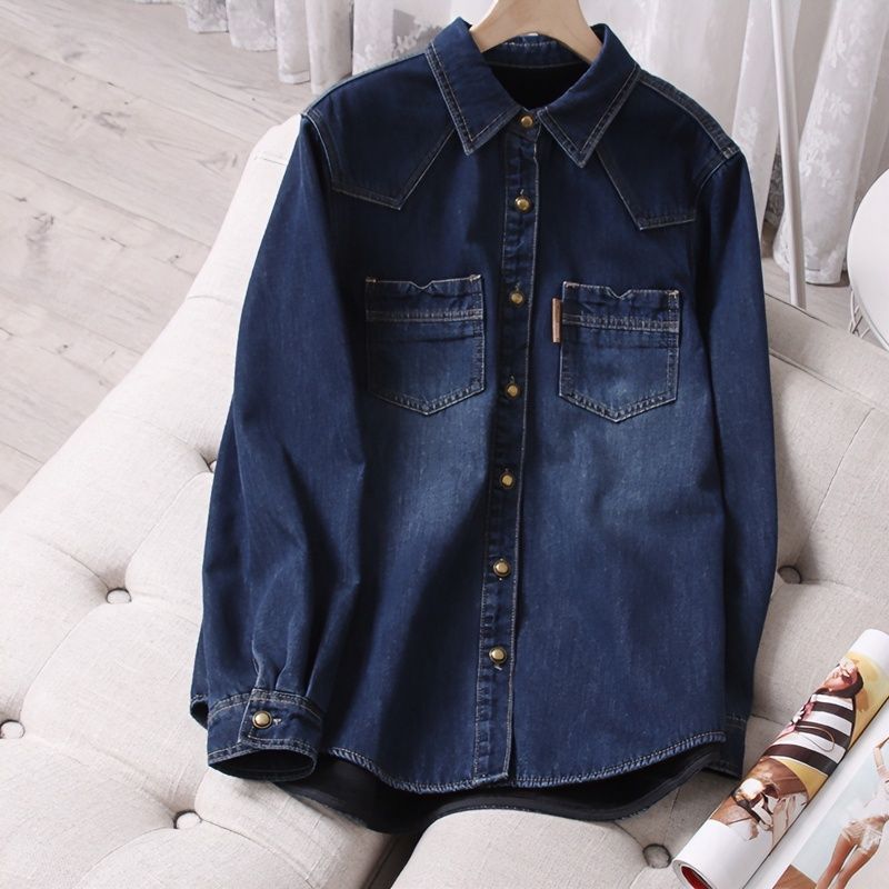 Fleece denim shirt with autumn and winter inner wear new loose and versatile design top casual layered shirt jacket long sleeves