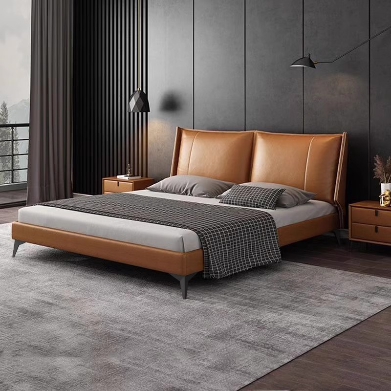 Cama de cuero minimalista italiana, cama de cuero real, dormitorio principal moderno y minimalista, lujo nórdico, cama doble de 1.8m de paquete blando.
