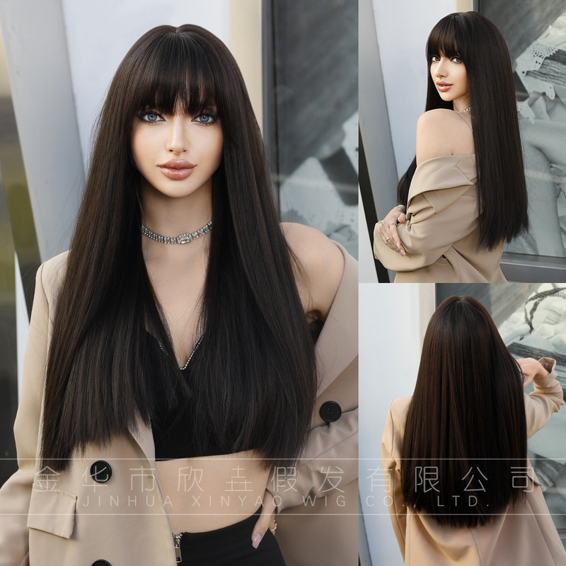 European and American Fashion Black Tea-Colored Long Straight Hair Wig for Women, Realistic Full Head Wig with Bangs, High-Quality Synthetic Fiber Wig European and American Fashion Black Tea-Colored Long Straight Hair Wig for Women, Realistic Full Head Wig with Bangs, High-Quality Synthetic Fiber Wig