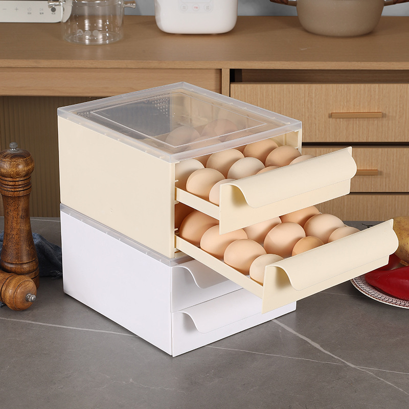 Double-layer white cream-colored plastic refrigerator storage rack, egg organizer, large-capacity freezer-specific egg container