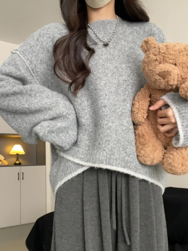 设计感不规则撞色毛衣女新款秋宽松慵懒风软糯高级感套头针织衫|undefined