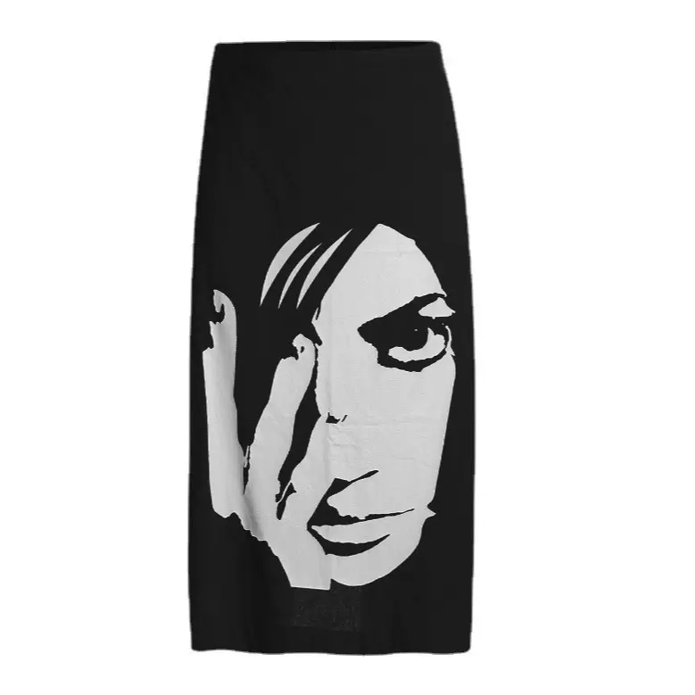 2025年春季新款印花人像半身裙 欧美时尚亚麻A字裙亚马逊女装批发