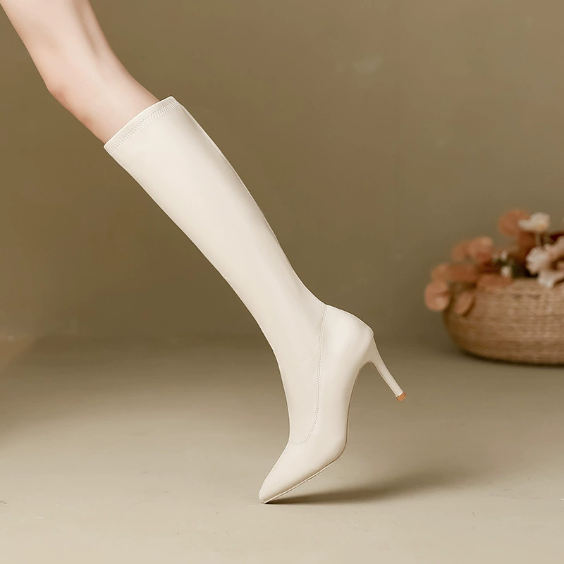 Кожаные сапоги не совсем белые сапоги на каблуках высокие каблуки женские остроконечные осенние и зимние сапоги тонкие сапоги на молнии боковые женские сапоги