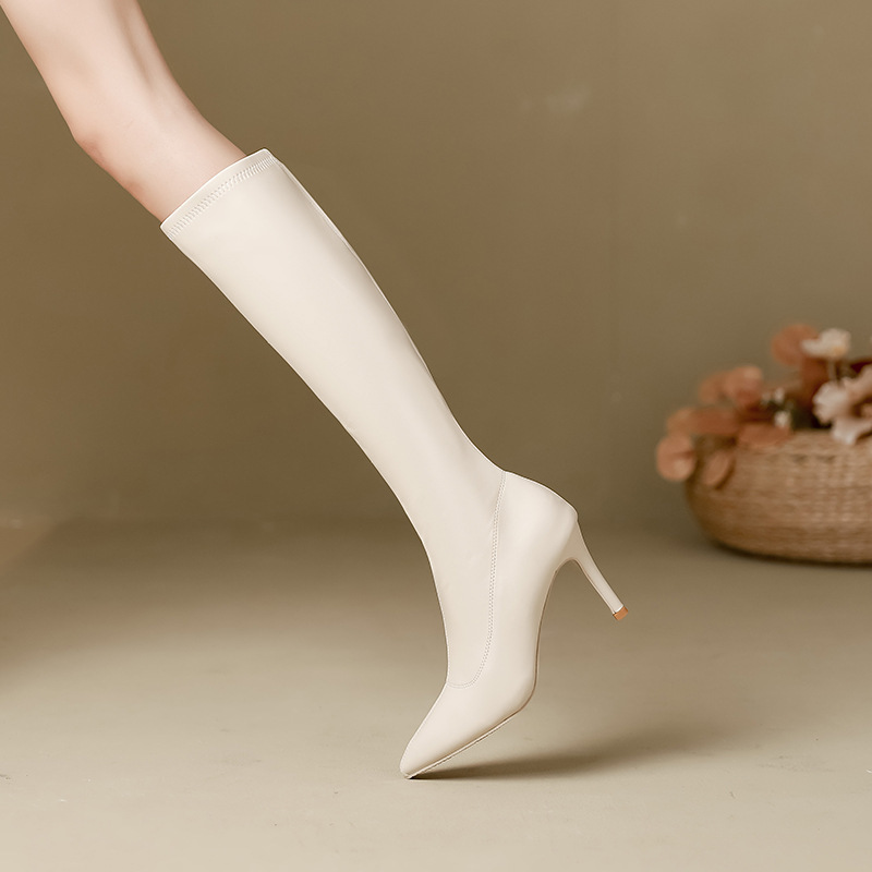 Leather Boots creamy-white Boots Fine Heel High Heel High Boots Women's Pointed Toe Autumn and Winter Single Boots Thin Boots Side Zipper Women's Boots
