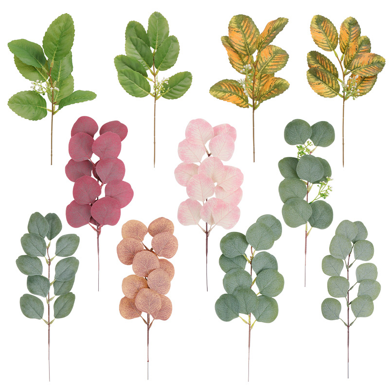 Follaje artificial popular transfronterizo: hojas de eucalipto, hierba del dinero, hojas de eucalipto artificiales, flores artificiales en varios colores, realistas y de alta calidad.