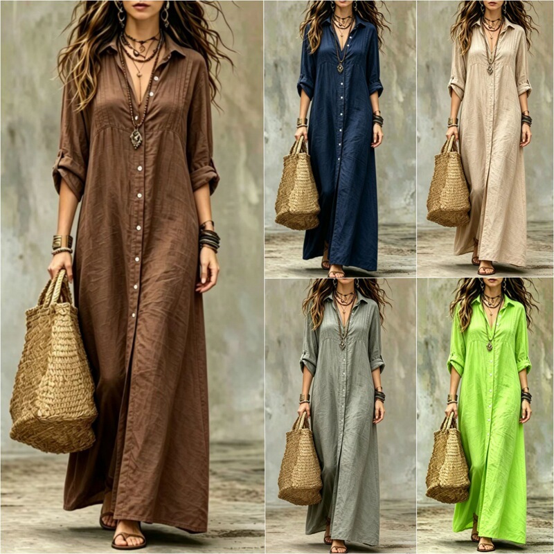 2026 European and American Independent Website Amazon Aliexpress New Spring and Summer Shirt-Collar Floor-Length Casual Simple Long Dress 2026 European and American Independent Website Amazon Aliexpress New Spring and Summer Shirt-Collar Floor-Length Casual Simple Long Dress