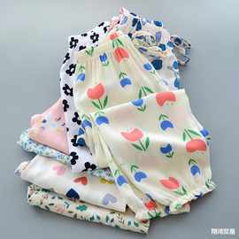 女童夏季碎花裤子儿童人造棉宽松灯笼裤宝宝棉绸防蚊裤空调裤家居