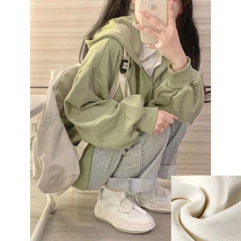 超显白纯色连帽卫衣女秋冬季加绒加厚宽松慵懒ins风拉链开衫外穿|undefined